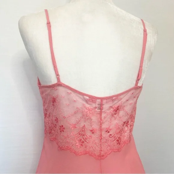 Y2K Victoria’s Secret Silk Pink Lace Chiffon Vintage VDay Babydoll Slip Dress M